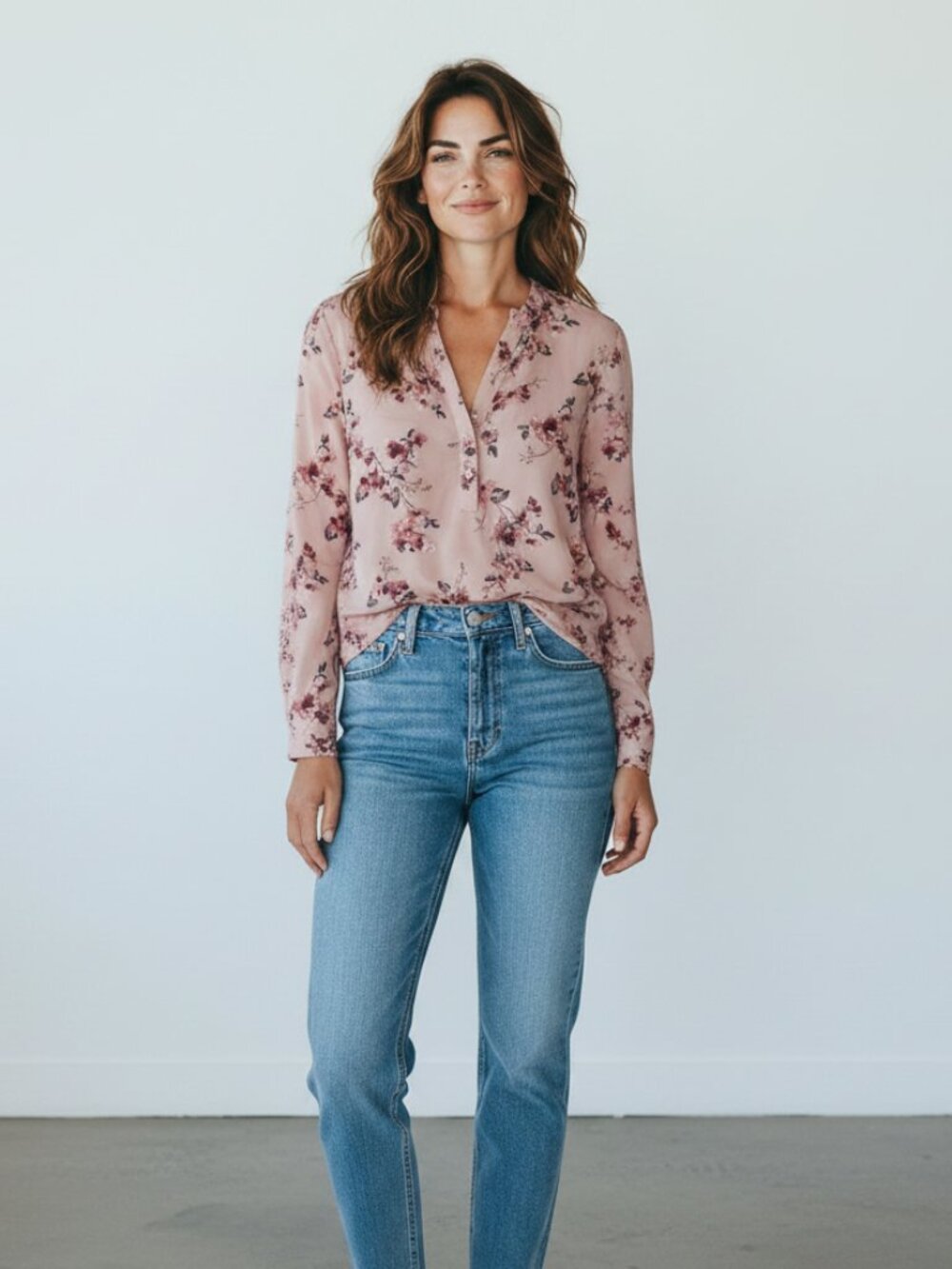 Hilary Radley Mauve Floral Button-Front Long-Sleeve Blouse